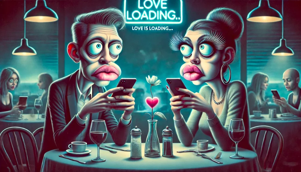 A surreal digital illustration depicting modern love, with a couple on a date fixated on their smartphones while a neon sign reads "Love Loading" above them, symbolizing the impact of technology on contemporary relationships.